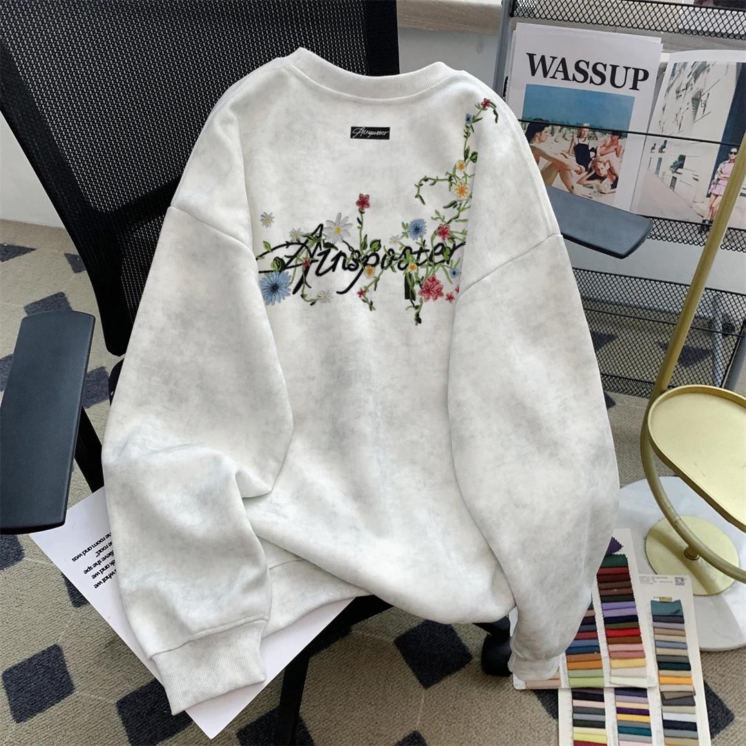 重磅刺绣花卉圆领薄款春秋季2025新款卫衣男款宽松套头圆领卫衣