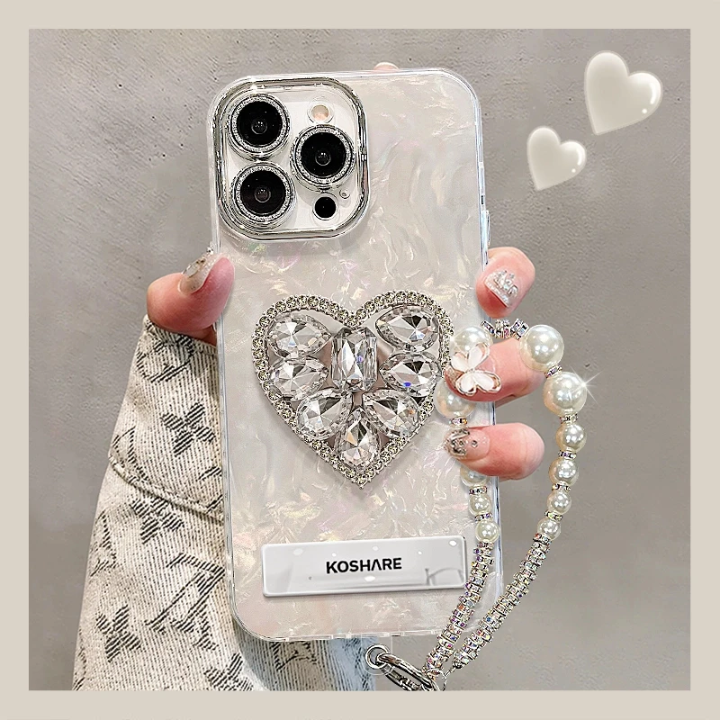 钻石爱心适用苹果15promax华为oppo小米iPhone16精孔贝壳纹手机壳