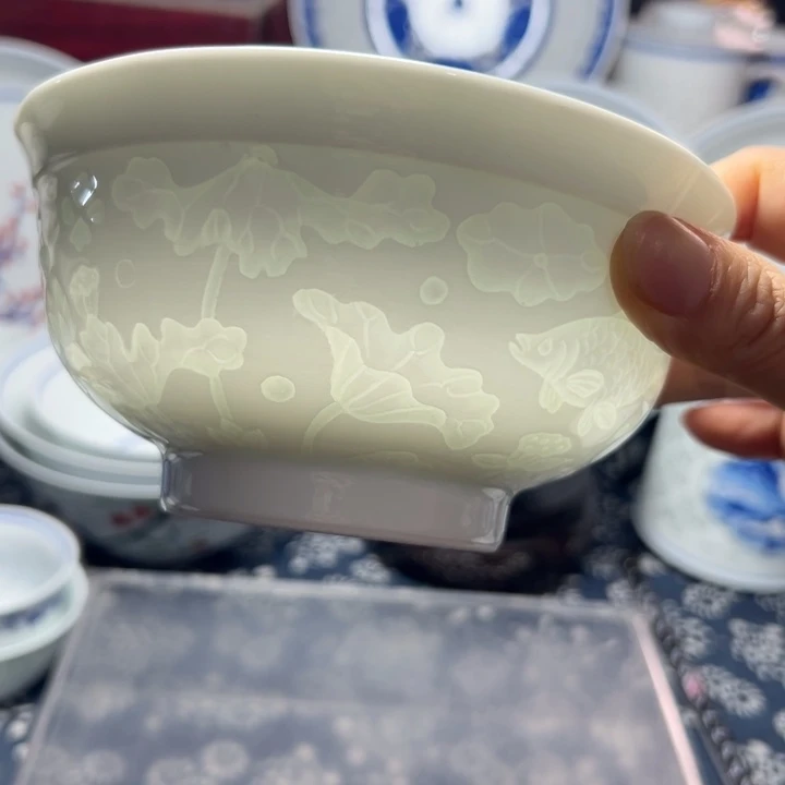 纯白雕刻5.5寸年年有鱼饭碗6个