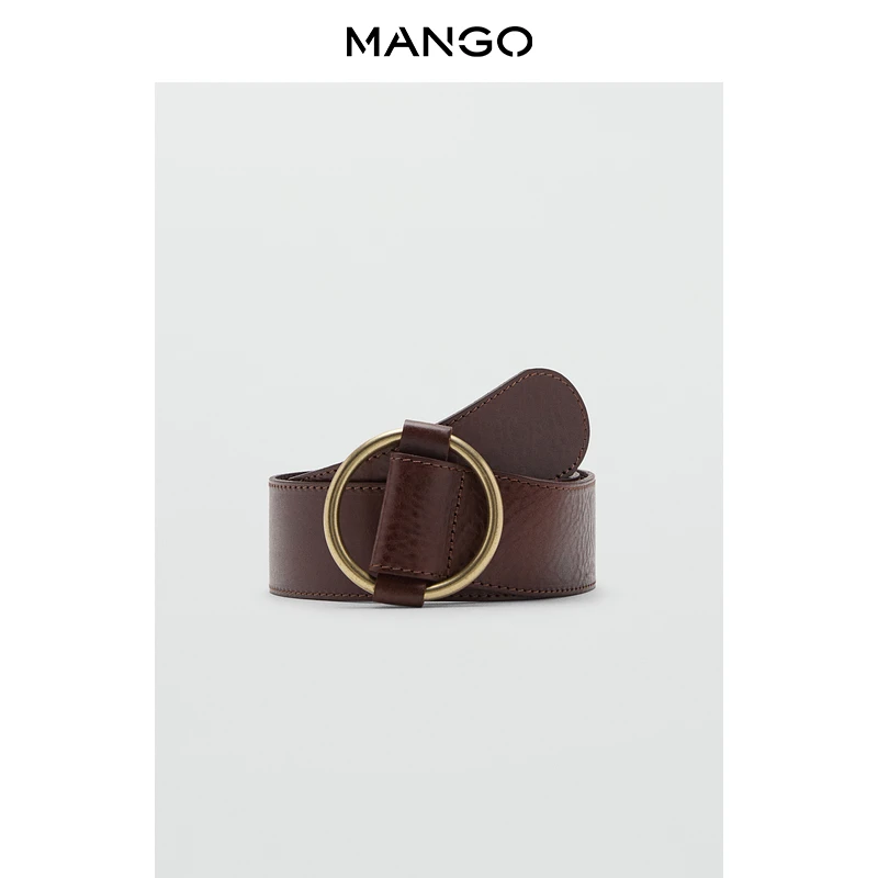 MANGO女装腰带2025秋装新款棕色无孔牛皮革细腰带复古百搭皮带