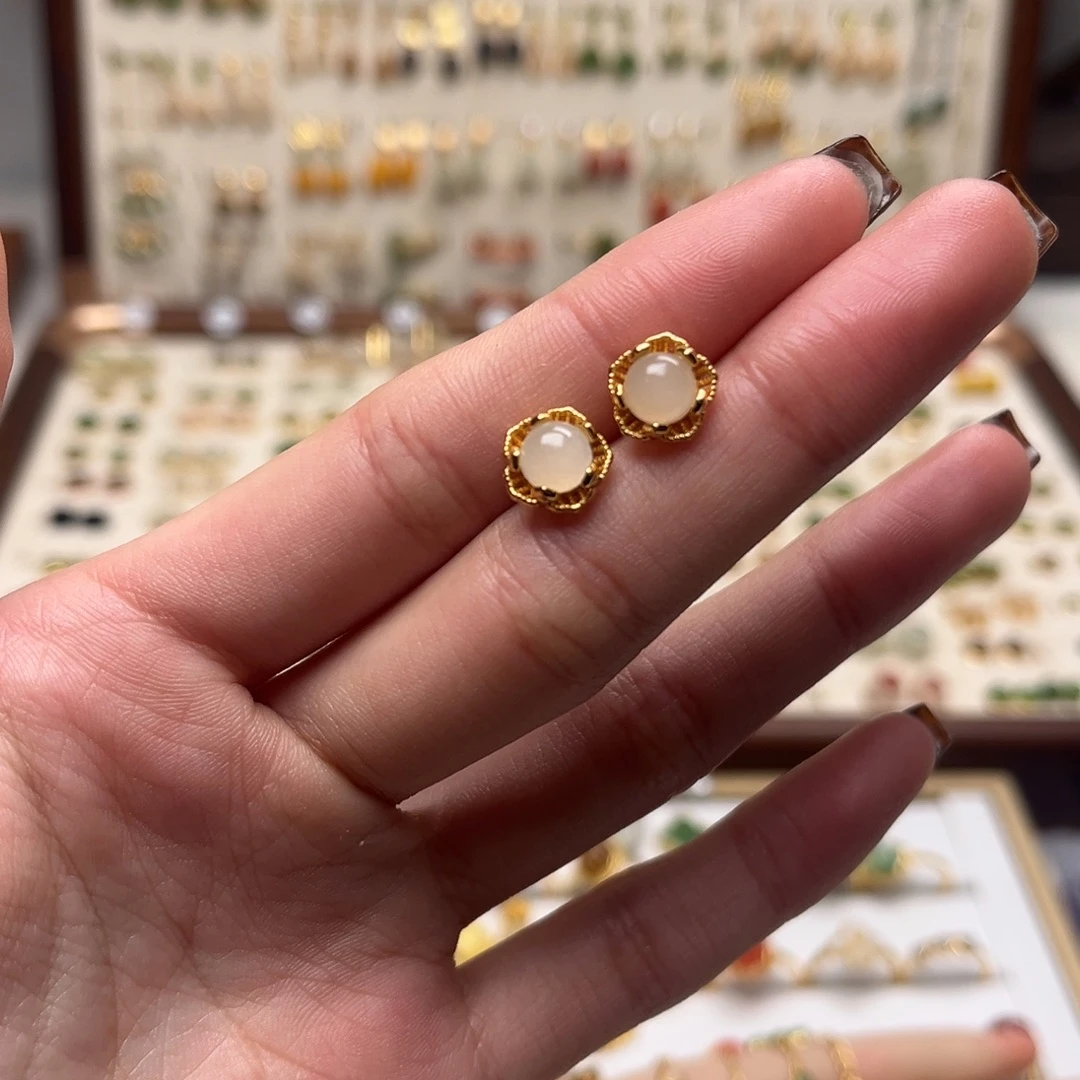 和田玉银S925镀金镶嵌耳坠