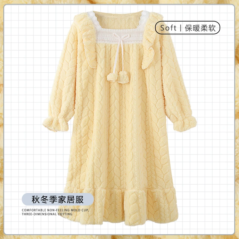 秋冬季加绒加厚中长款睡裙女士长袖甜美公主风保暖冬季睡衣家居服