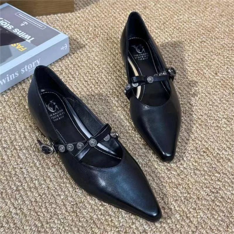 973【幽暗乌木】欧洲站蝴蝶结小尖头单鞋皮鞋黑色C【内增高3cm】女士