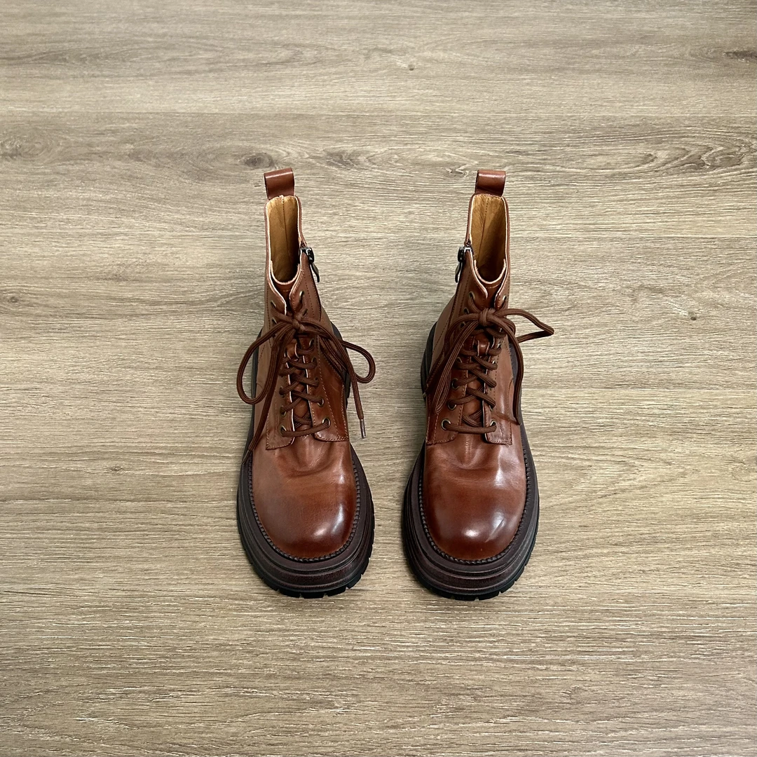 Dannyfrey新款英伦风圆头系带侧拉链马丁靴复古真皮厚底增高短靴