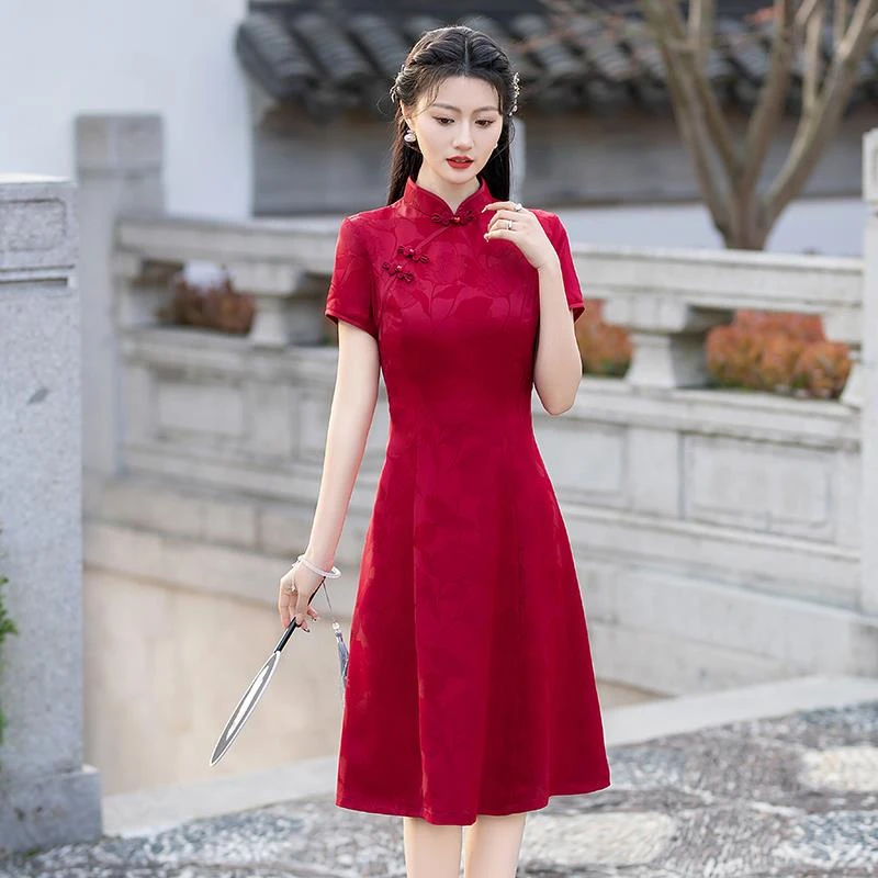 旗开得胜送考红色旗袍2025夏季新款高档醋酸提花改良新中式连衣裙