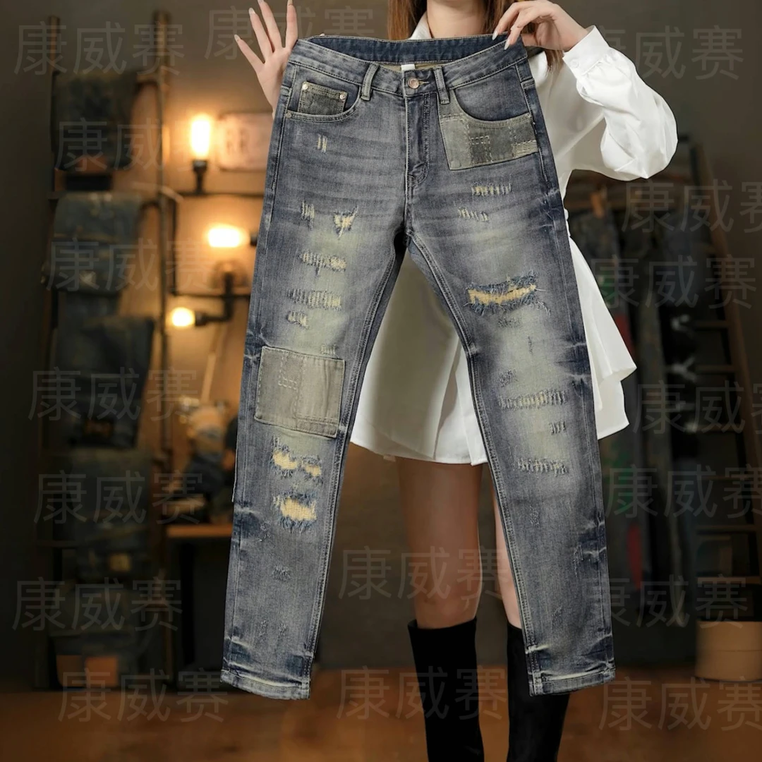 2025秋季高端新款美式复古拼接破洞补丁机车男士牛仔裤修身弹力潮