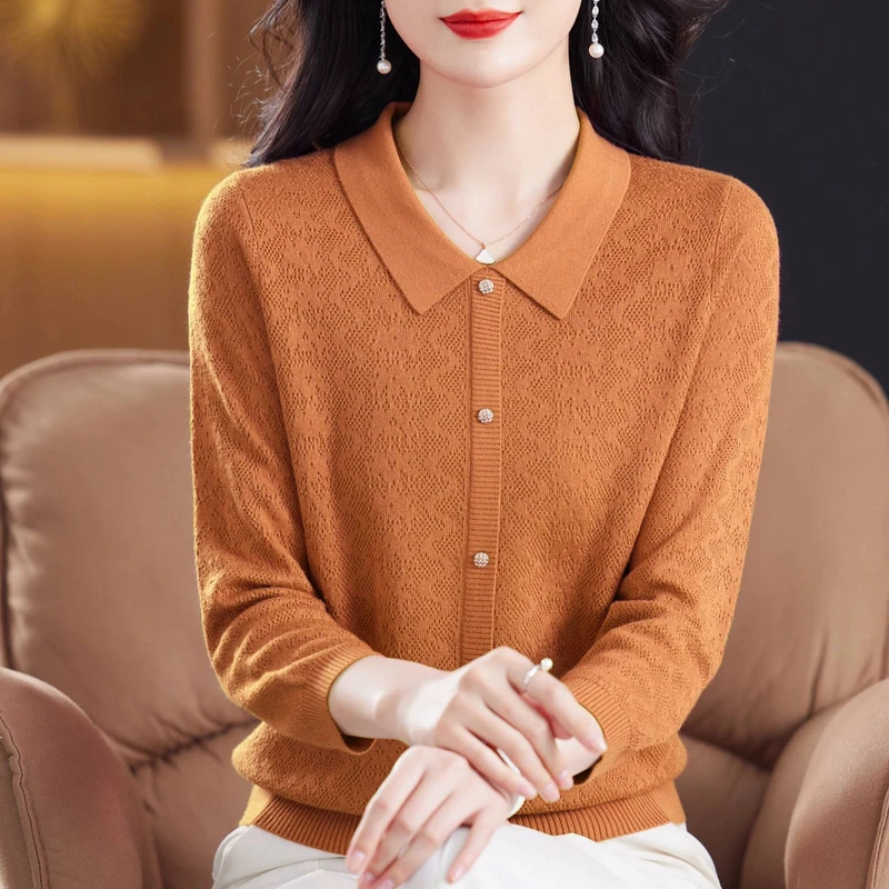 春秋薄针织衫九分袖上衣中年母亲宽松大码妈妈装翻领T恤洋气小衫