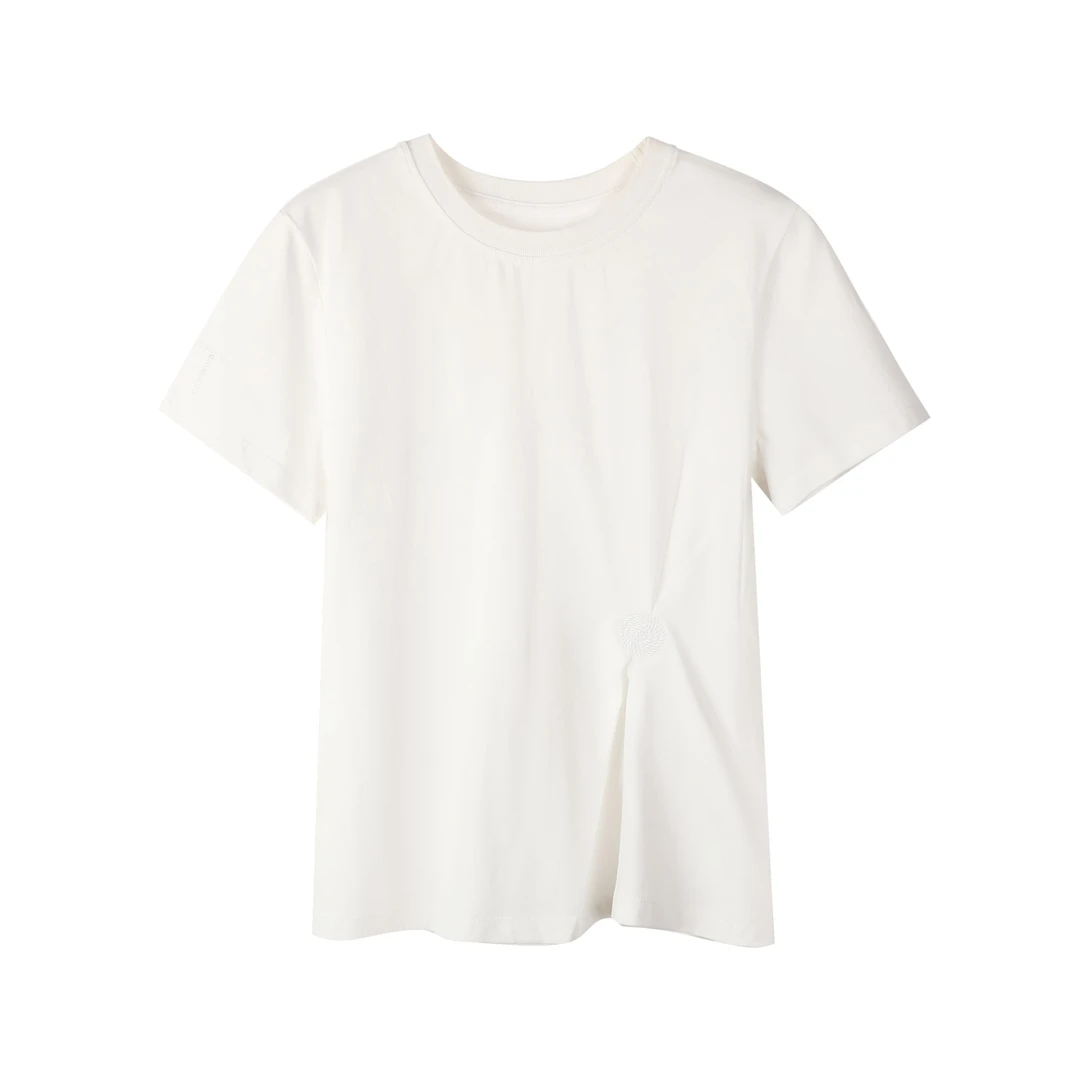 30628【OT订单】经典直身版腰部不对称褶皱绣花设计感T恤短袖0131