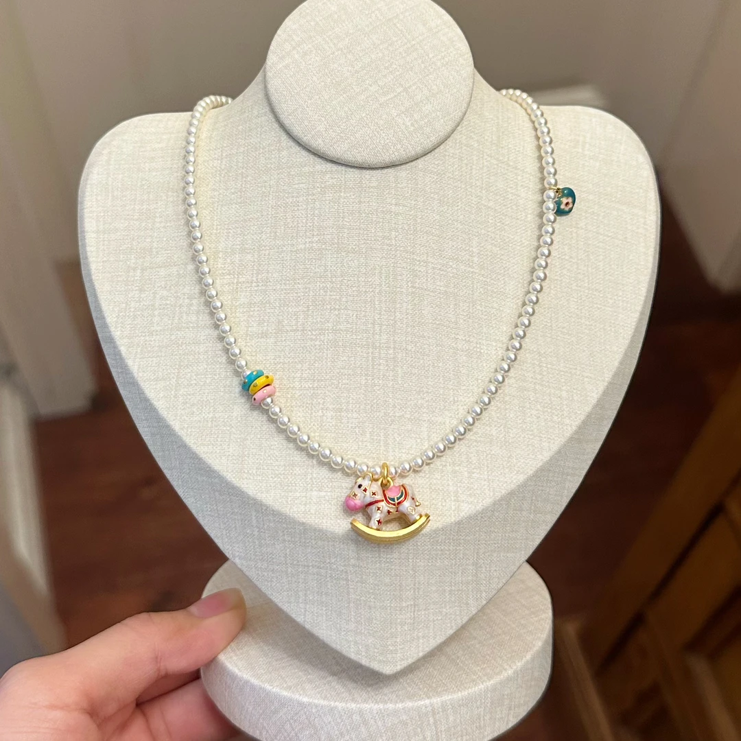 铜合金仿珍珠项链 X0114小众烧蓝国潮镶嵌坠链可爱幻彩素款手工