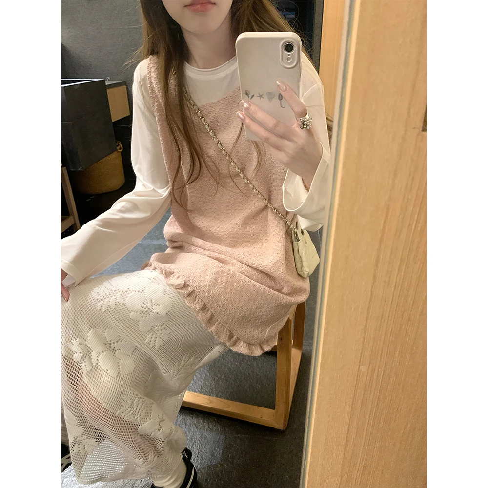 粉色无袖背心裙+莱赛尔圆领长袖t恤+花朵半裙22338#