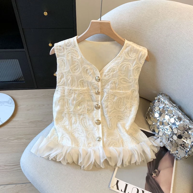 新中式清冷感气质拼接荷叶边马甲背心法式高级感重工亮片无袖上衣