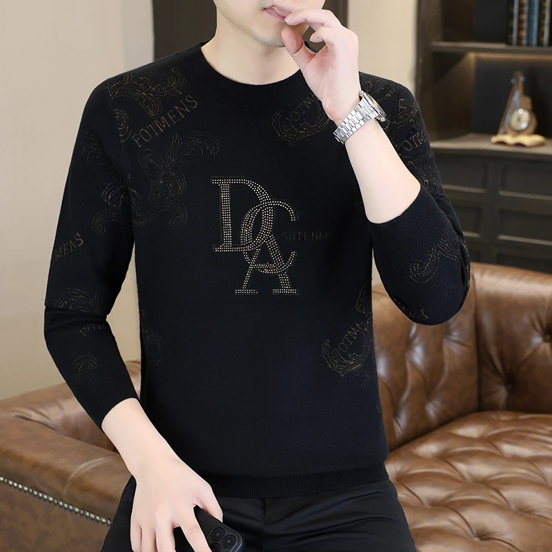 冬季欧货高品质针织烫钻字母提花毛衣上衣百搭时尚显瘦宽松针织衫