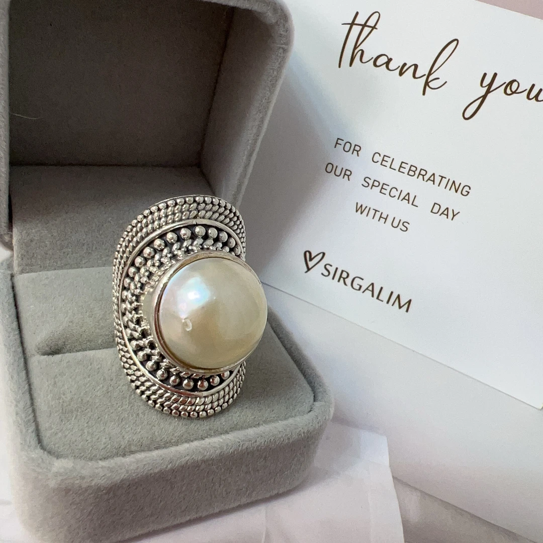 925银仿珍珠戒指 SIRGALIM银饰 霸气复古珍珠戒指开口
