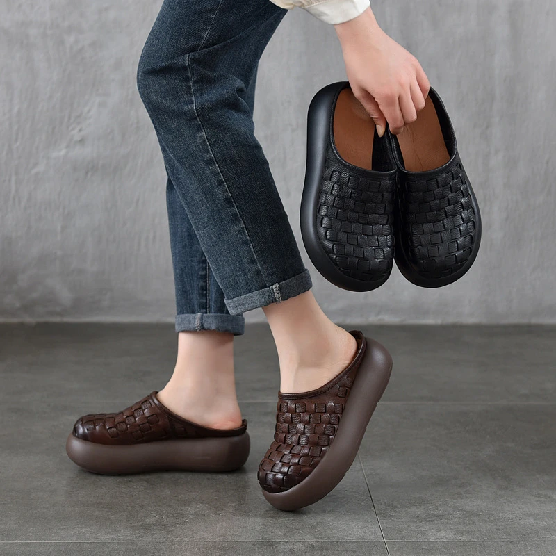 头层牛皮复古手工编织包头女式拖鞋轻外穿便厚底松糕跟一字拖半拖