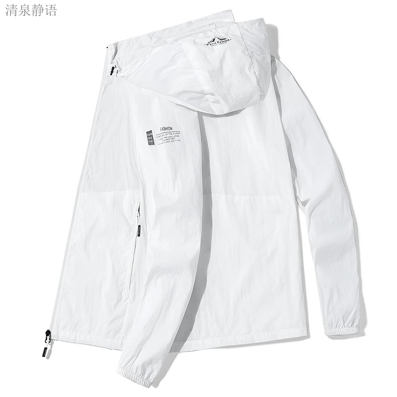 男士宽松潮范夏季户外超薄透气冰丝防晒背心带不可拆帽印花拉