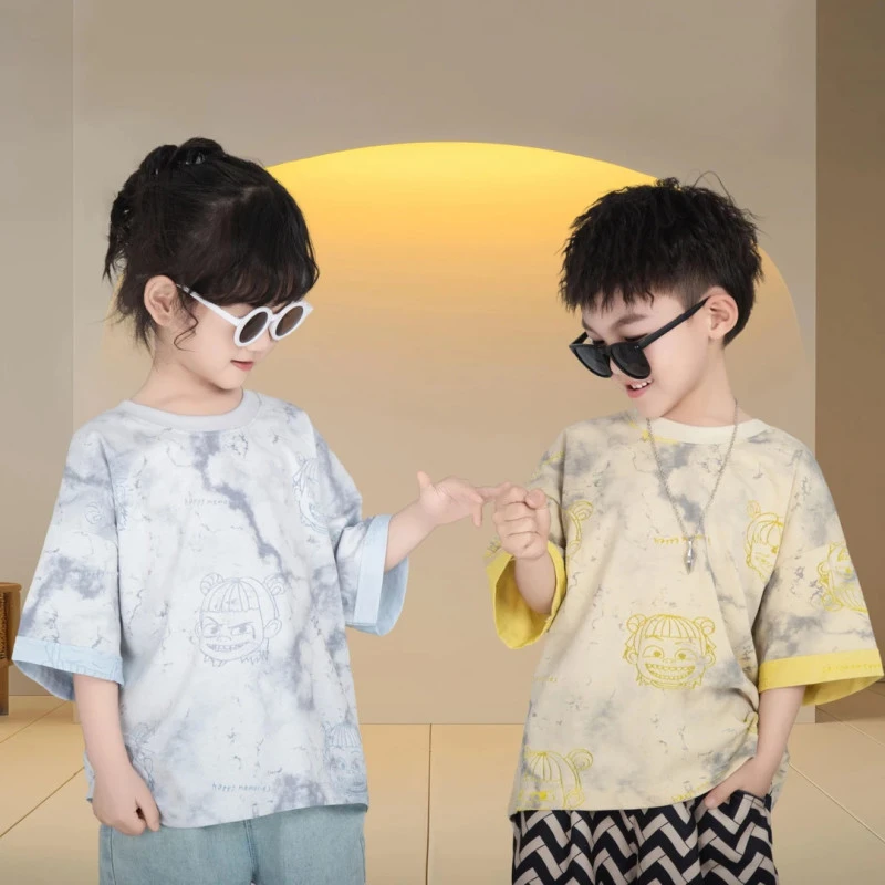 男童女童2025中性款短袖新款索罗娜双色彩拔工艺烧花哪吒工艺
