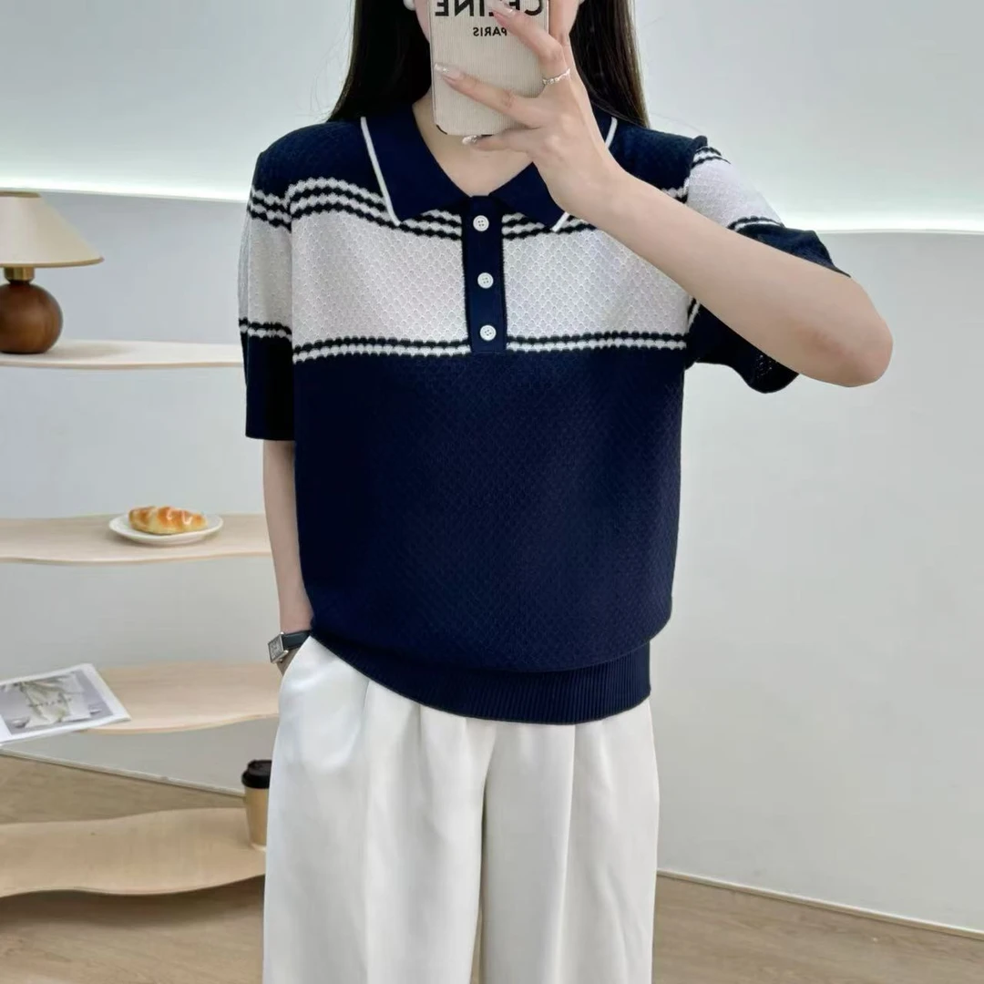 （欧洲站撞色polo领）针织短袖女2025夏季新款时尚百搭休闲上衣潮