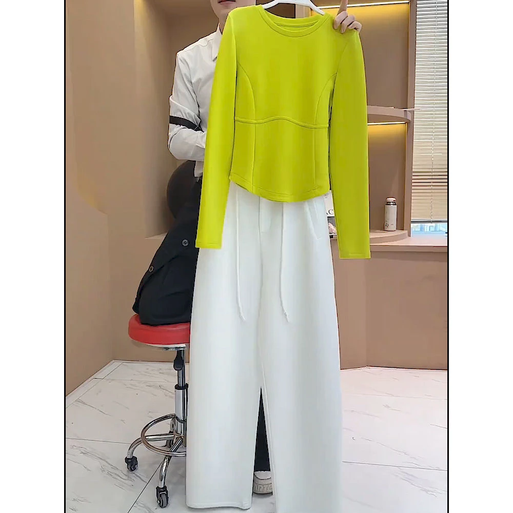 高级感阔腿直筒休闲长裤春秋新款绿色显瘦打底衫长袖上衣两件套女