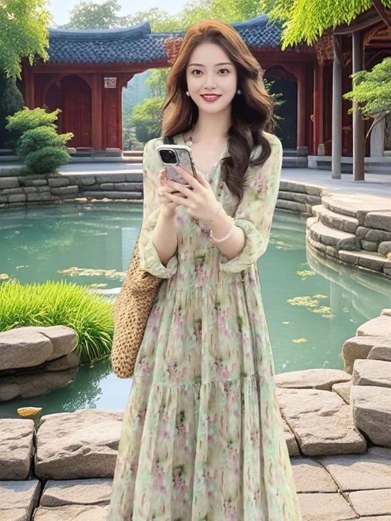 绿色V领碎花五分袖连衣裙夏季女装清冷贵气的法式轻奢复古感裙子