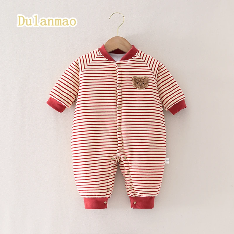 条纹小熊棉服婴幼儿连身衣宝宝保暖棉衣