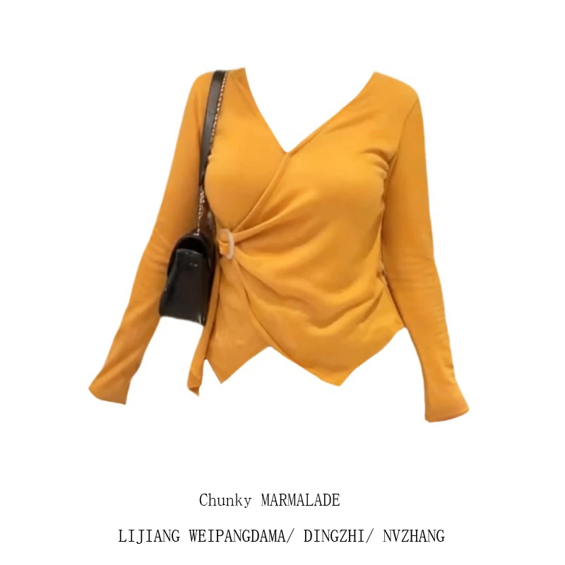 大码胖MM黄色V领不规则交叉长袖T恤女秋季设计感褶皱修身显瘦上衣