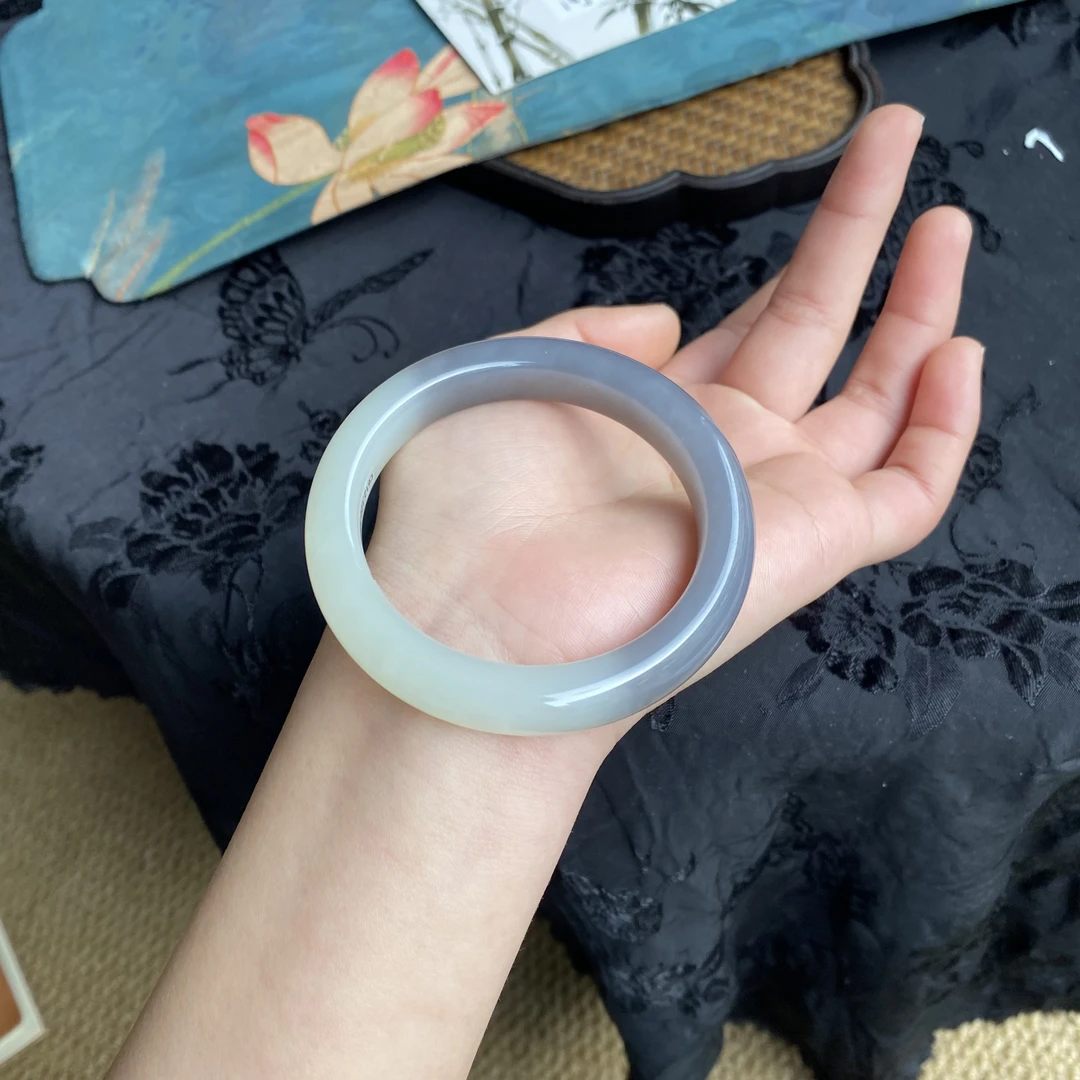 和田玉58圈烟紫手镯半山水女款百搭