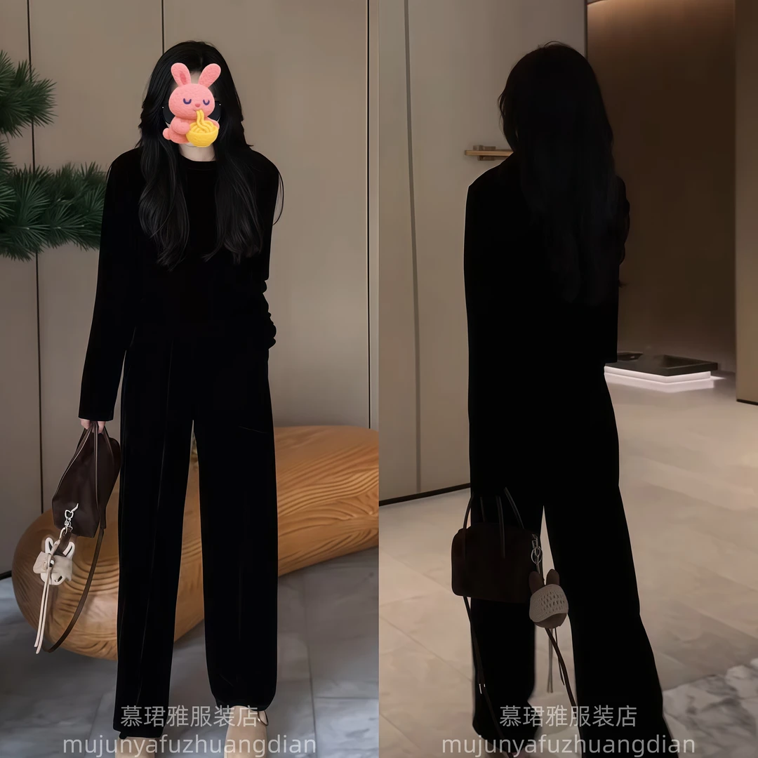 精致感优雅丝绒两件套2025秋季新款轻熟风时髦圆领T恤百搭直筒裤