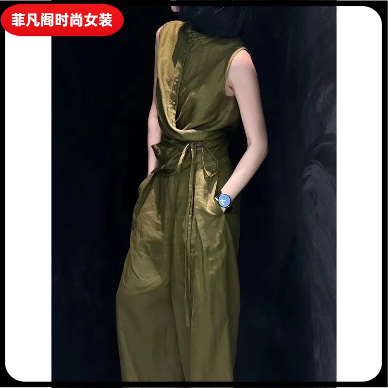 I2025年夏季设计感时尚套装新中式国风盘扣军绿色马甲阔腿裤1