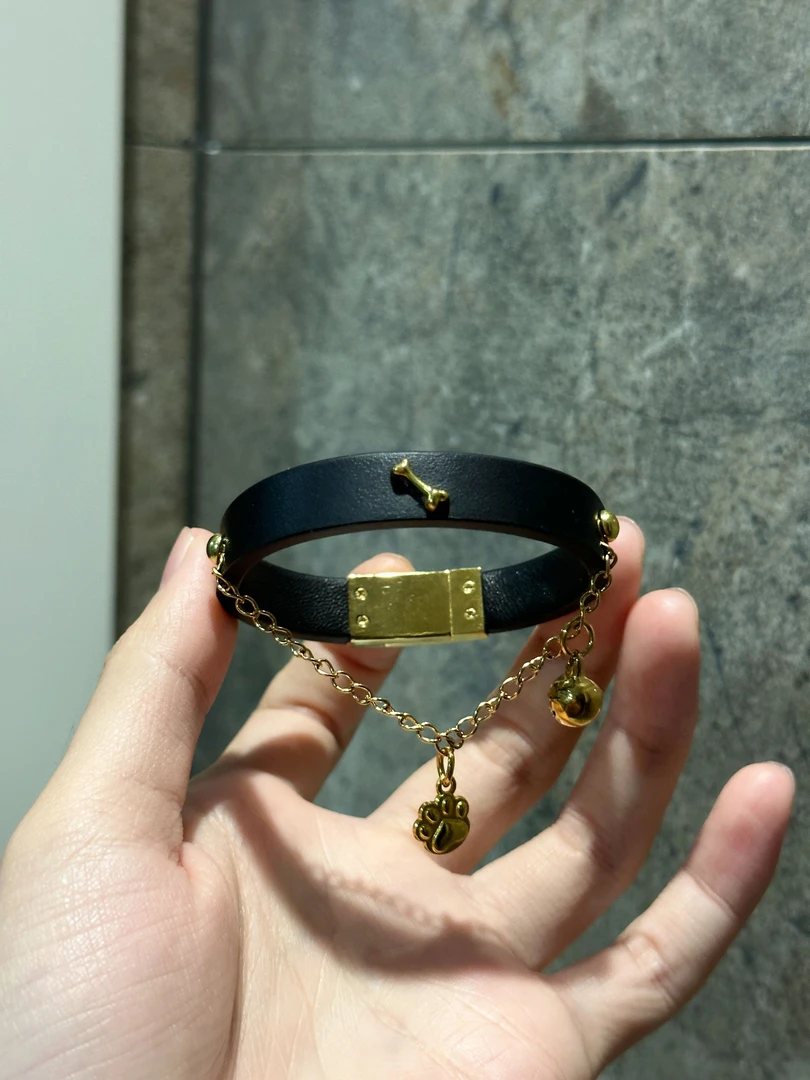 合金磁铁手链 PuppyJoy「黑金巧骨·L·V」黑色意大利牛皮手环高级感