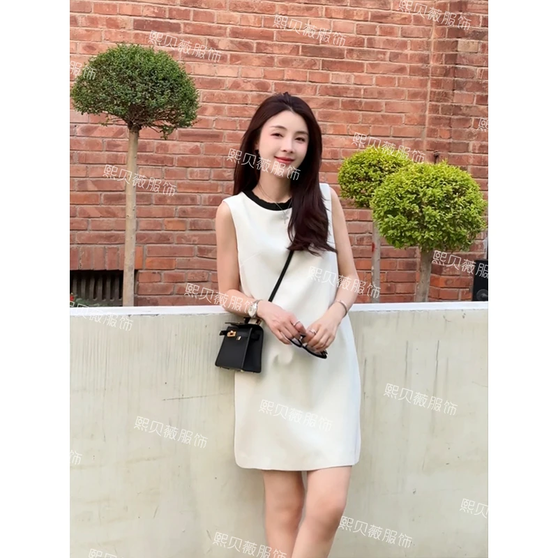 熙贝薇3 欧货醋酸拼色圆领新款无袖小香风高级感时尚连衣裙G7602