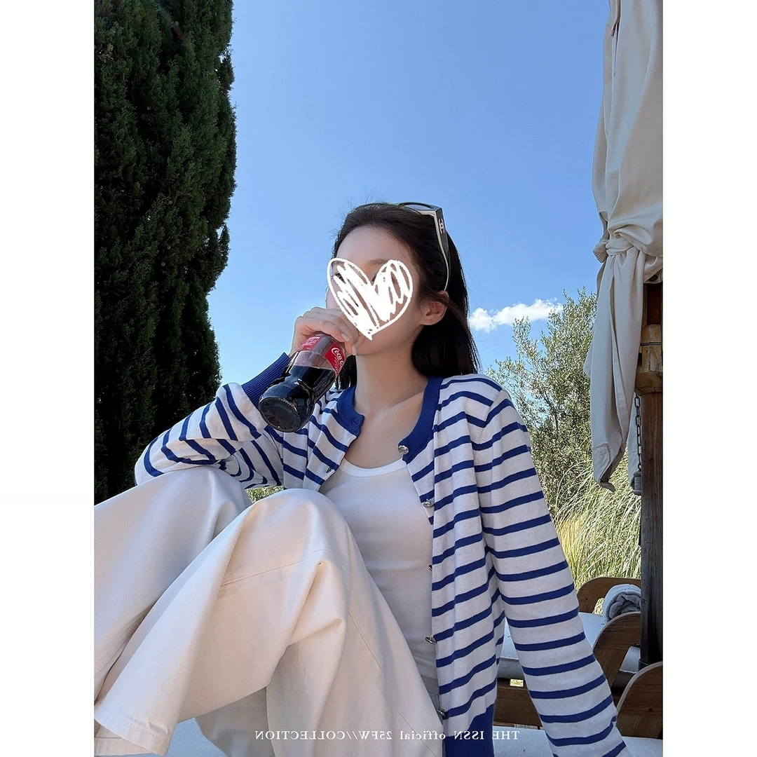 韩版气质条纹开衫女春秋新款薄款宽松短款休闲百搭显瘦针织外搭