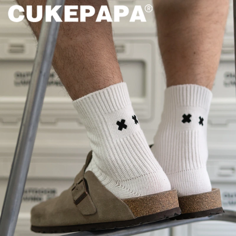 复古粗针男袜棉阿美咔叽工装粗线袜中筒美式日系潮袜刺绣设计袜子