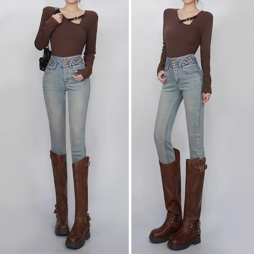 XC38秋冬新款中高腰三扣设计感小脚裤紧身高弹百搭牛仔铅笔裤女