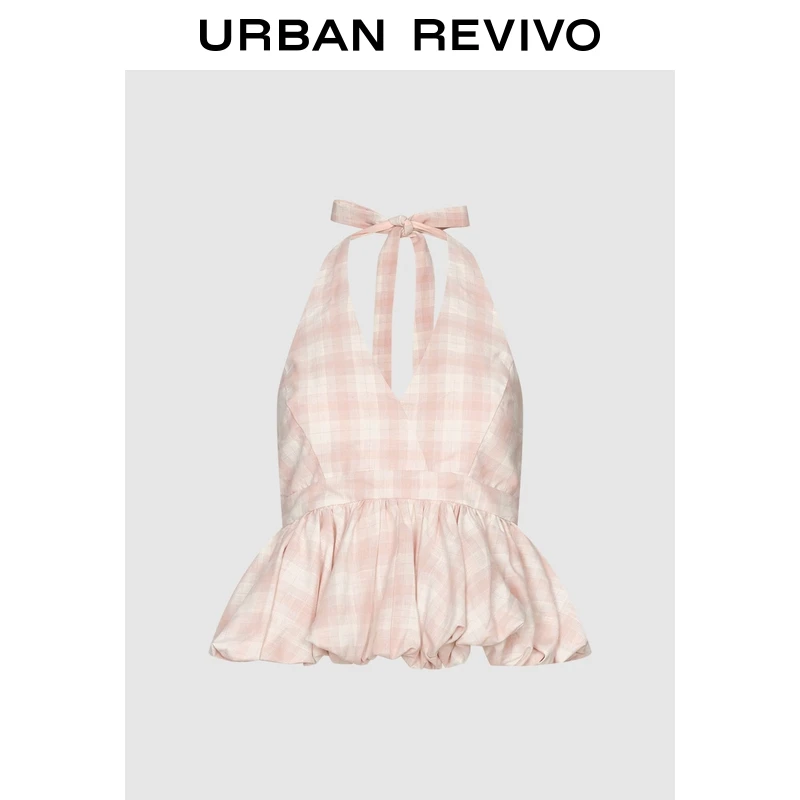 UR2025夏季新款女装少女感撞色格纹挂脖花苞吊带衫UWG250174