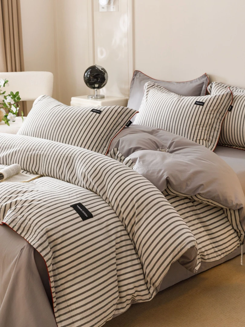 nis简约四件套黑白条纹格子全棉纯棉被罩床罩学生宿舍三件套单人4