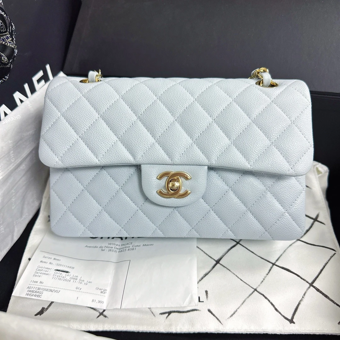 99新 Chanel/香奈儿 cf小号 淡蓝色荔枝纹 芯片款 4H8C
