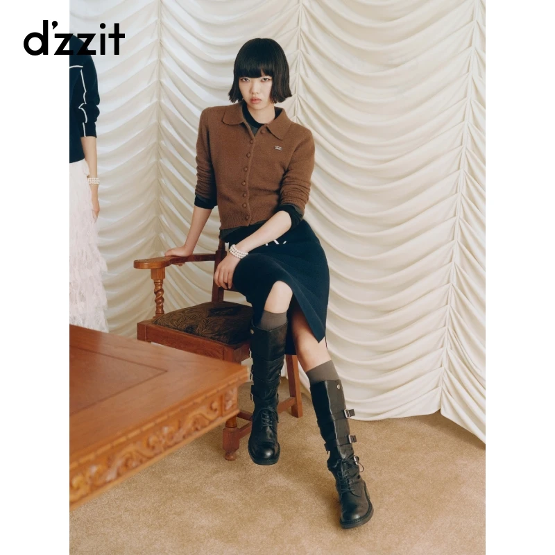 dzzit地素针织衫25春新款绵羊毛翻领纯色修身长袖开衫女3J1E539