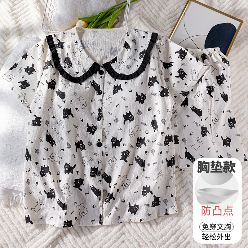 睡衣女夏季短袖短裤套装薄款甜美娃娃领新款带胸垫学生女士家居服