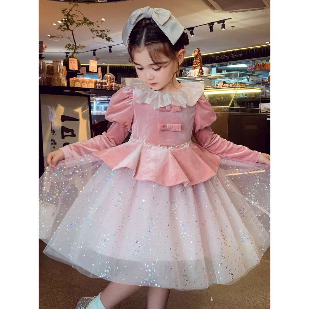 女童丝绒裙秋冬2025新款儿童法式千金风礼服蓬蓬公主裙女孩连衣裙