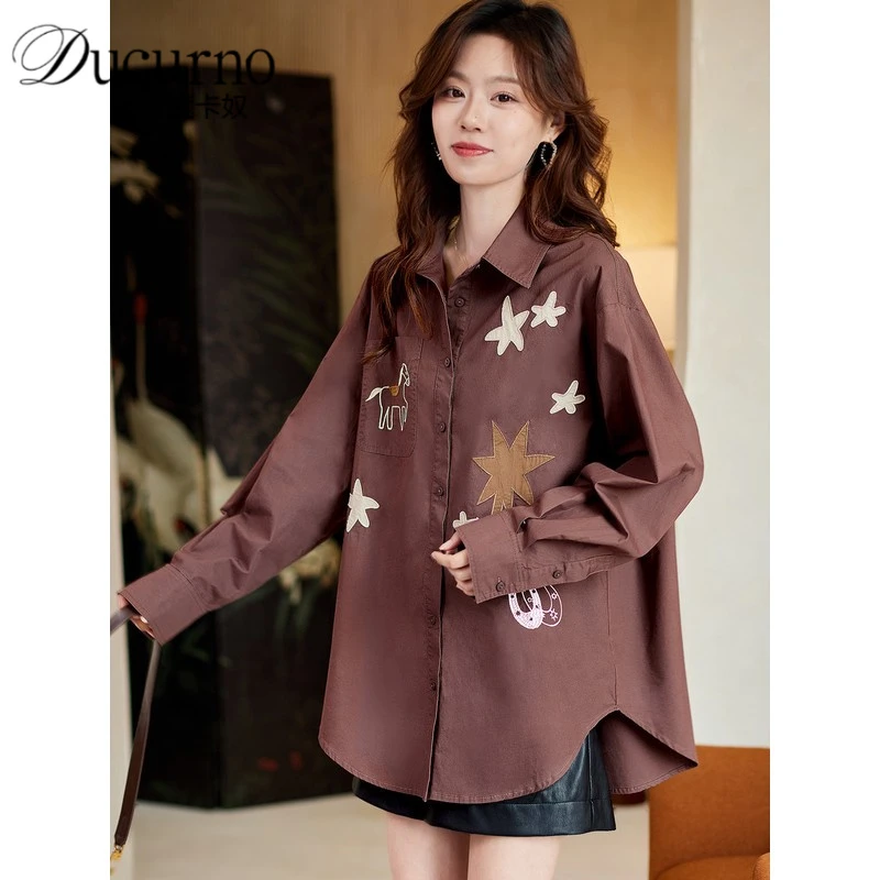 翻领刺绣棉质长袖衬衫2025年秋季新款洋气法式长袖上衣休闲小衫