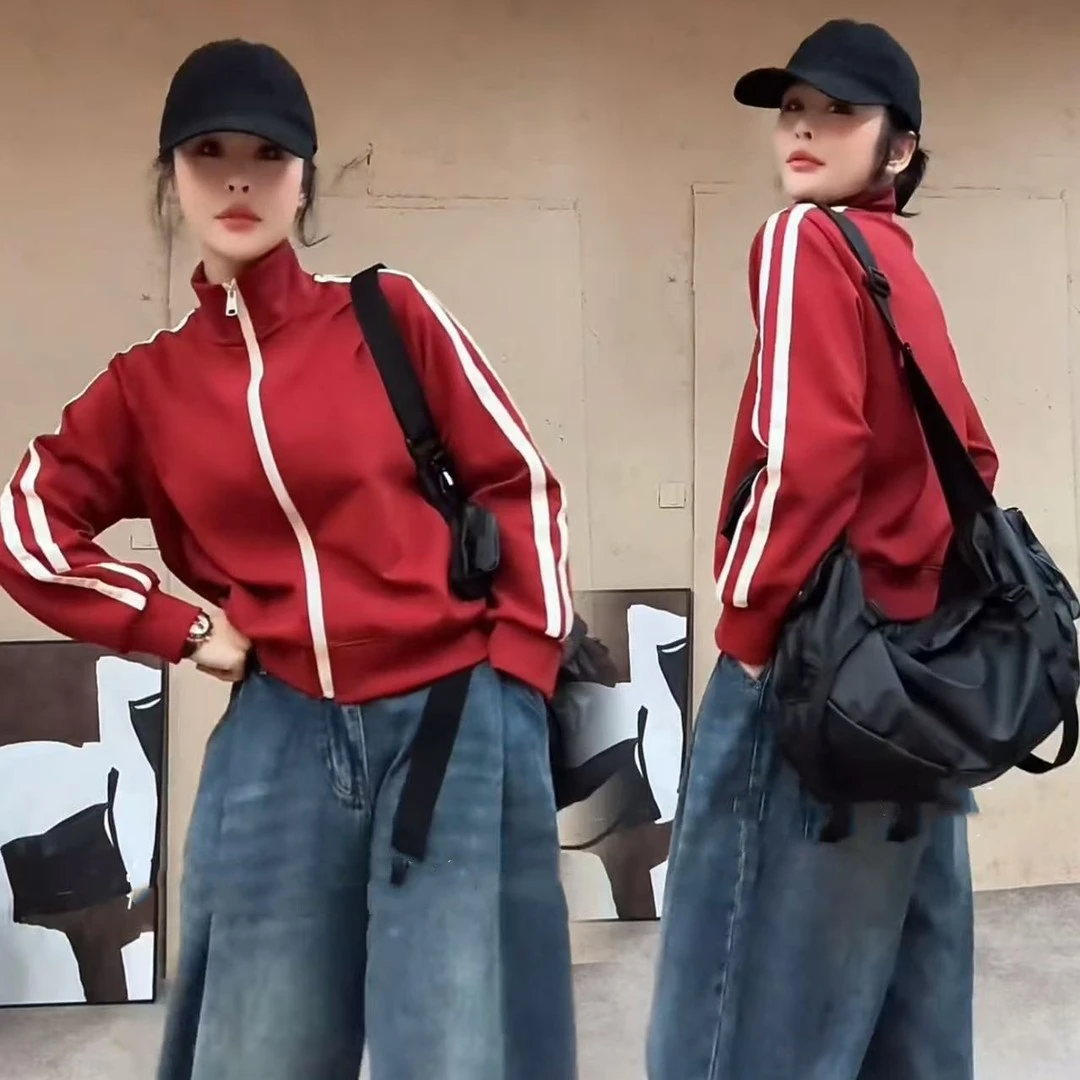 欧货立领拼条外套女2025春季新款宽松休闲百搭减龄运动卫衣开衫潮