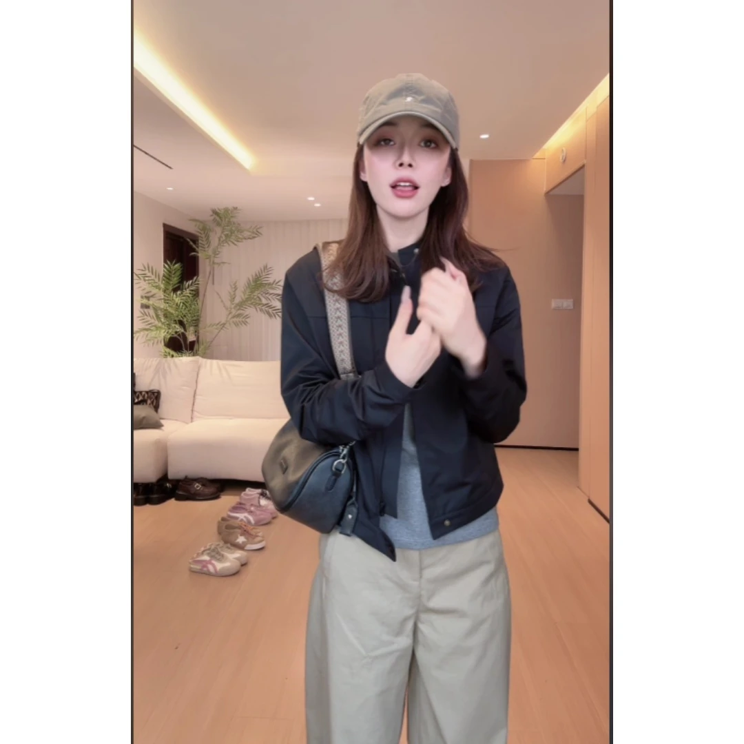 早秋防风韩版简约女夹克短外套+阔腿拖地裤+健身t恤BB50308