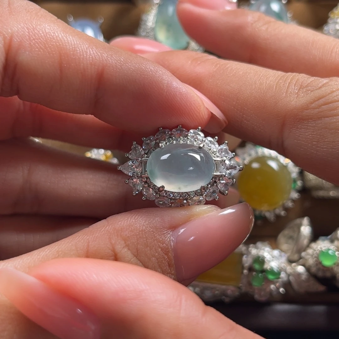 翡翠戒指银S925镶嵌缅甸翡翠天然翡翠