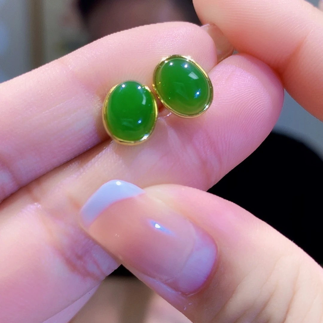 和田玉（碧玉）耳饰银S925镀金镶嵌