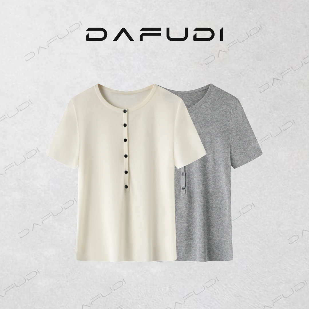 容诺【T恤】25秋季新款修身显瘦纯色单排扣圆领短袖休闲上衣K6887