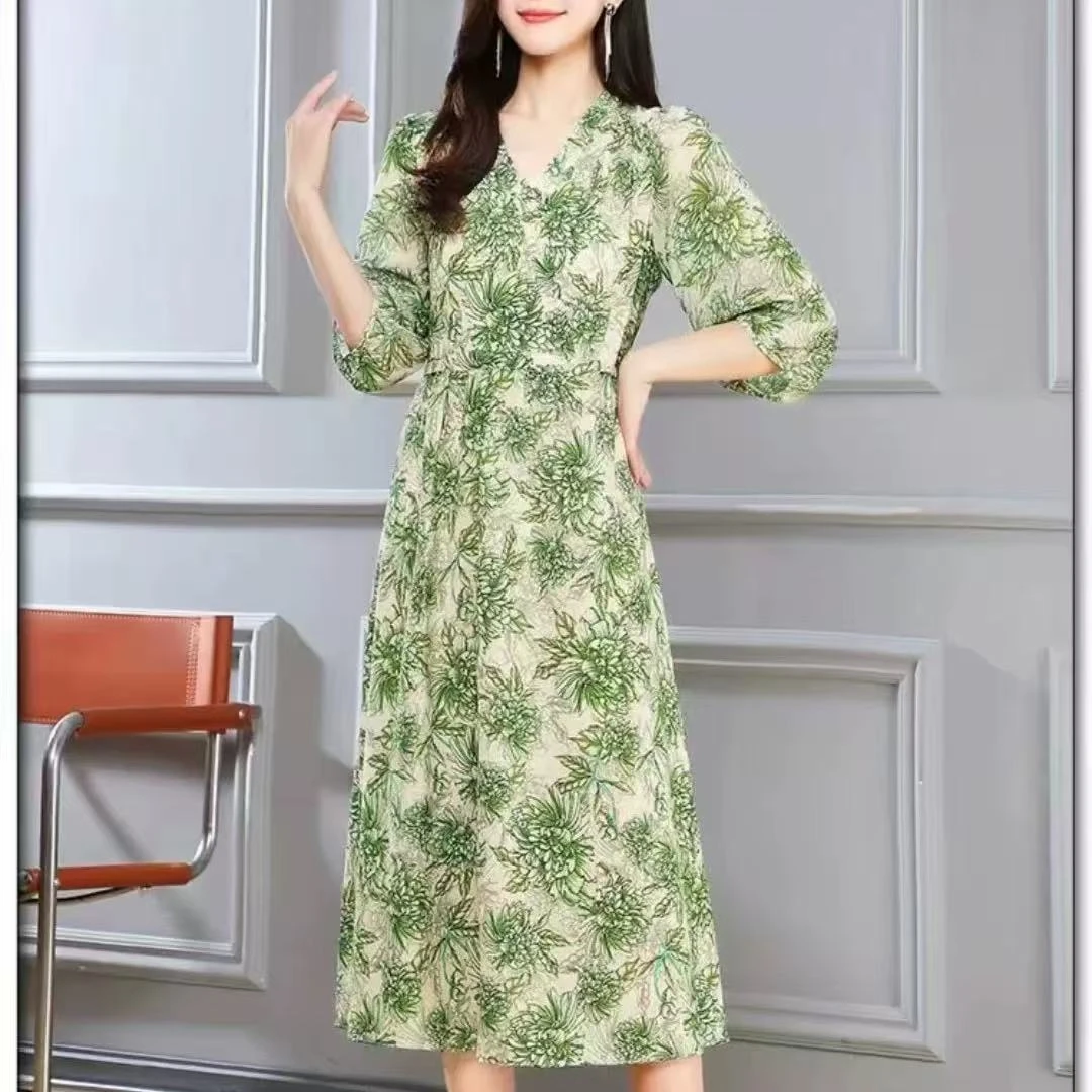 Q789夏季碎花拼接气质法式旗袍修身V领显瘦年轻连衣裙显瘦D12