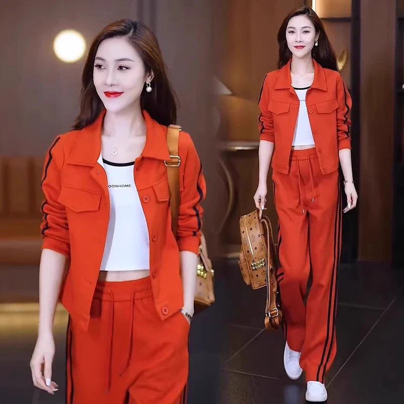 2025新款时尚运动服套装女春秋潮气质百搭短外套休闲阔腿裤两件套