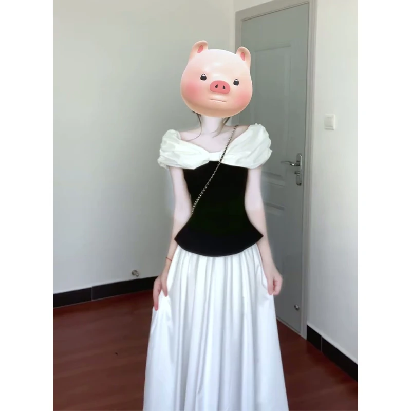 2025夏季新款女法式气质不规则修身拼接上衣高腰显瘦中长款半身裙