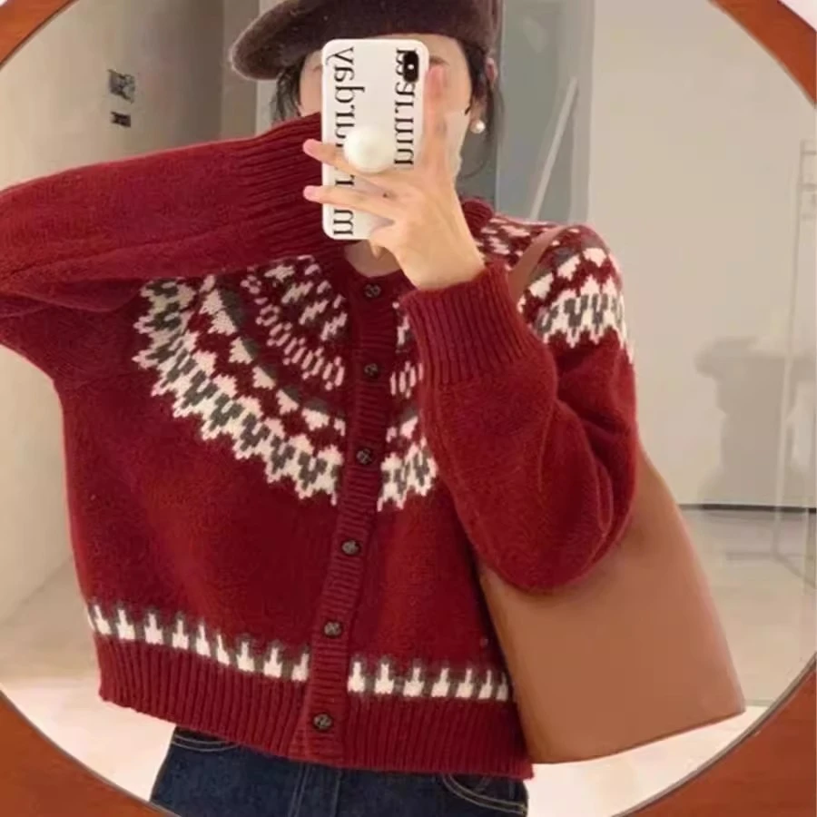 慵懒风红色费尔岛圣诞毛衣外套女秋冬季2024新款宽松针织开衫上衣