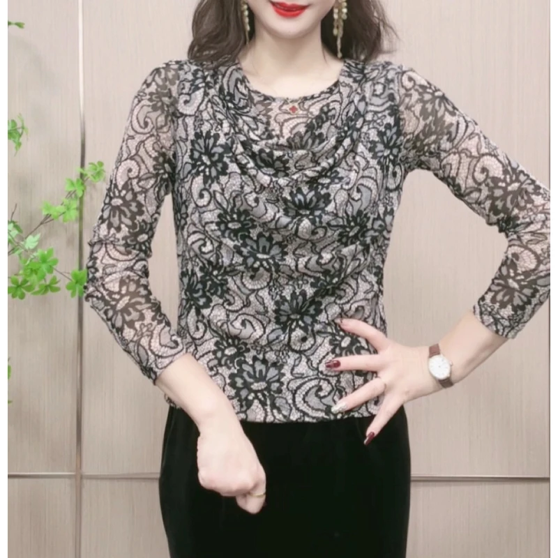 2025春季高品质时尚气质网纱低领堆堆领长袖上衣减龄显瘦洋气打底